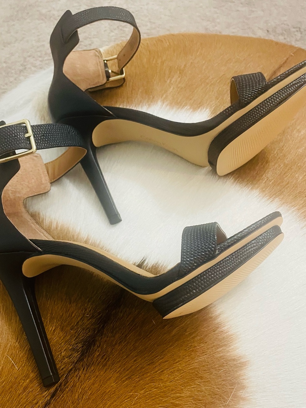 Calvin Klein Black Textured Ankle Strap Sandals